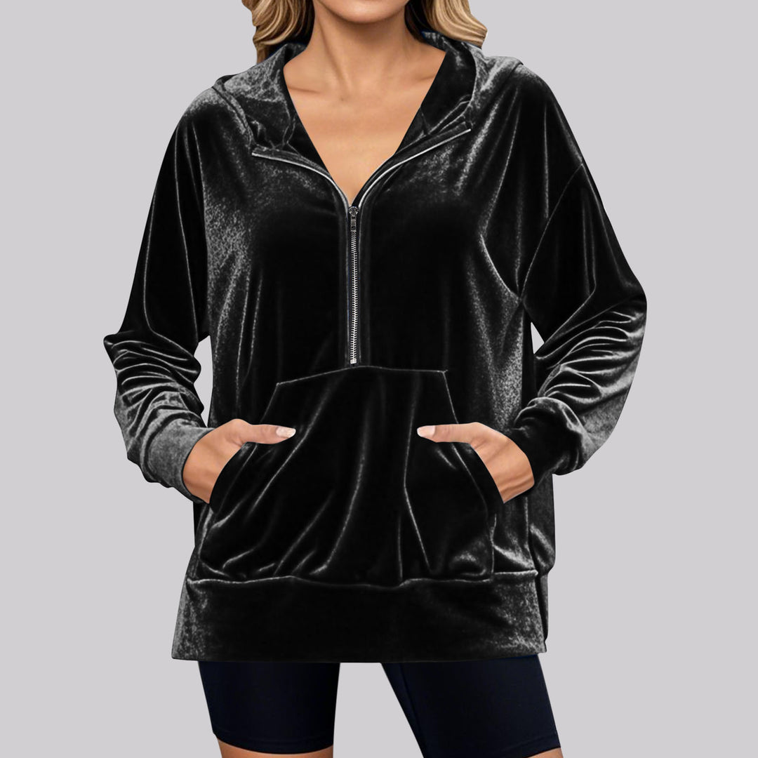 Damen Lässiger Velvet Hoodie mit praktischem Reißverschluss und Kängurutasche Drune