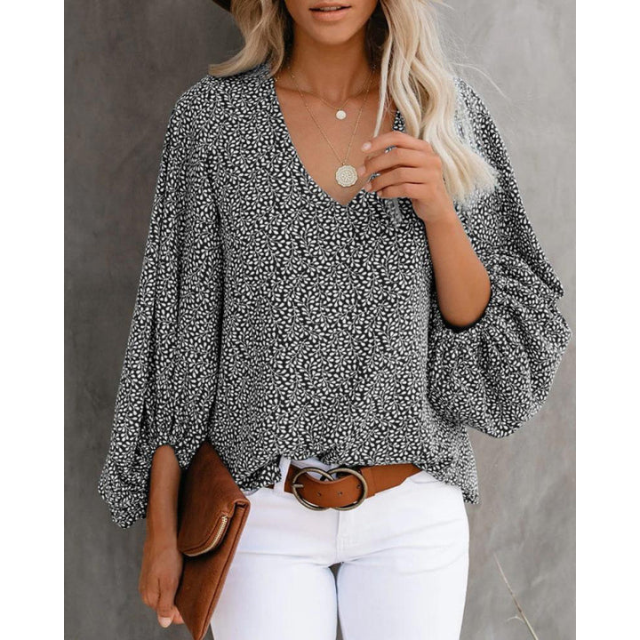 Damen Bluse mit weitem Puffärmel und eleganter V-Ausschnitt Drune
