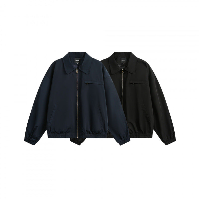 Unisex Boxy-Overshirt-Jacke mit durchgehendem Reißverschluss, elastischem Saum und Brust-Reißverschlusstasche Drune