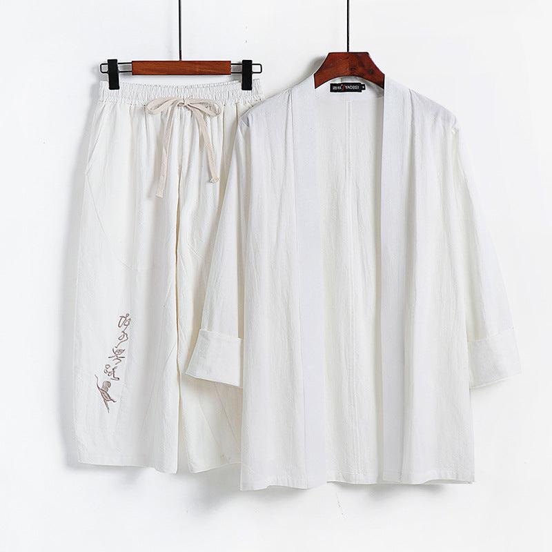 Damen Kimono-Set aus leichter Baumwollmischung offene Jacke mit lässig gekrempelten Ärmeln und weiter Haremshose mit Kordelzug Drune