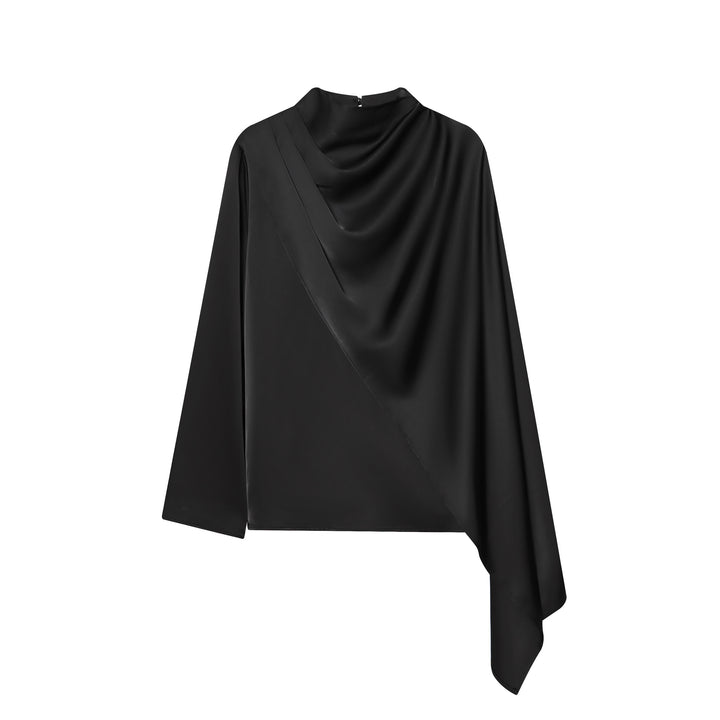 Damen nan asymmetrische Drapé-Bluse mit Wasserfallkragen und Einarm-Volant Drune