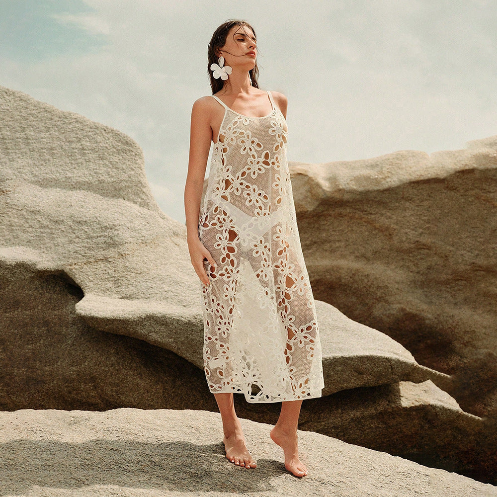 Damen elegantes transparentes Strandkleid mit floralen Häkelverzierungen Drune