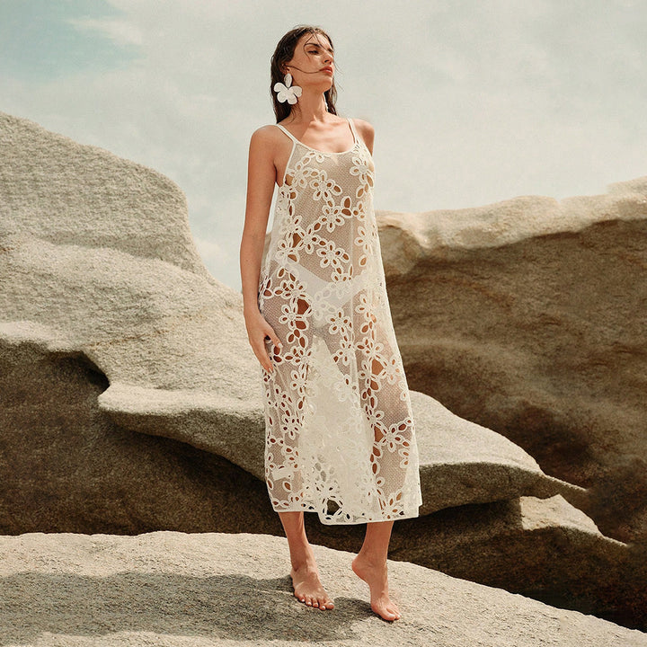 Damen elegantes transparentes Strandkleid mit floralen Häkelverzierungen Drune