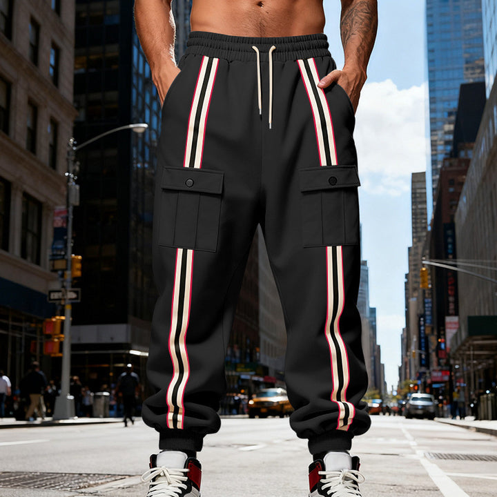 Herren Cargo-Jogginghose im Urban-Streetwear-Look mit Kontraststreifen und Klappentaschen Drune