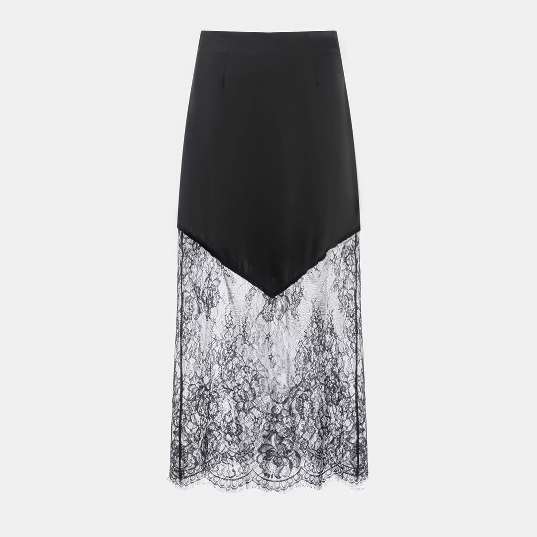Damen nan Satinrock mit Spitzen-Overlay und asymmetrischem Zipfelsaum Drune