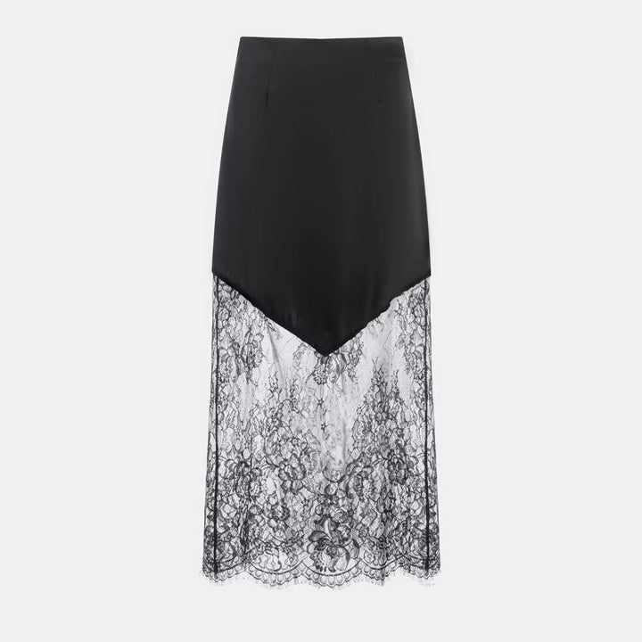 Damen nan Satinrock mit Spitzen-Overlay und asymmetrischem Zipfelsaum Drune