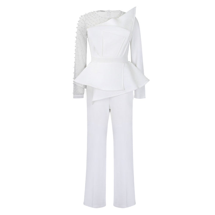 Damen Designer Jumpsuit mit asymmetrischem Schnitt und Perlendetails Drune