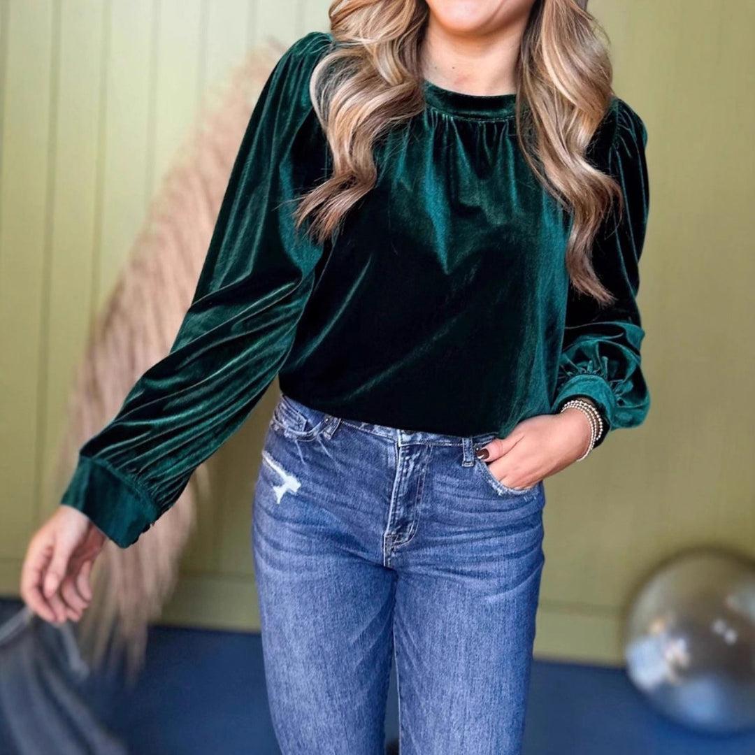 Damen Samtbluse mit Ballonärmeln und gerafftem Stehkragen Drune