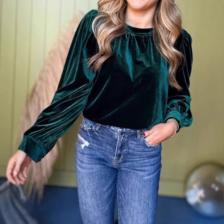 Damen Samtbluse mit Ballonärmeln und gerafftem Stehkragen Drune