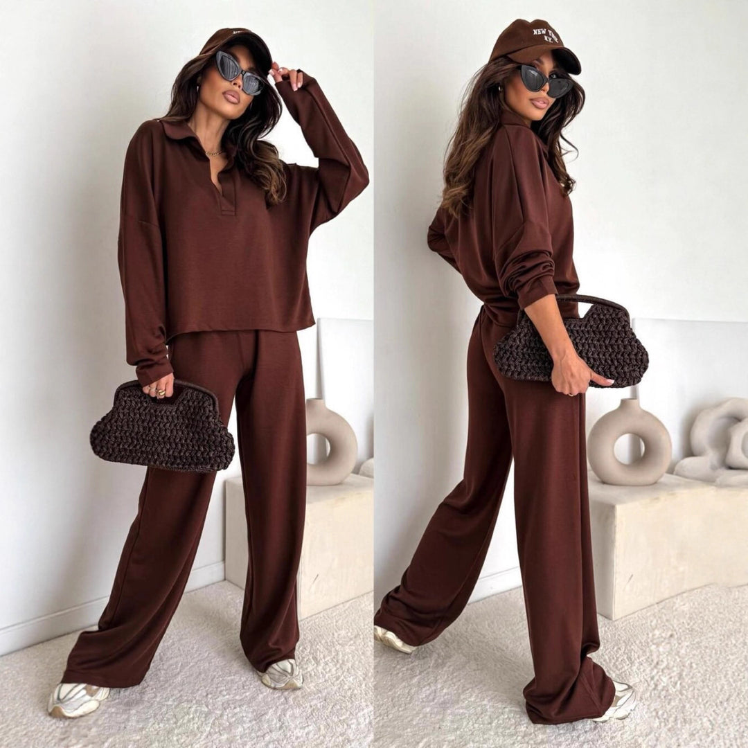 Damen Loungewear-Zweiteiler mit Hemdkragen-Cropped-Sweatshirt und weiter Palazzo-Hose Drune