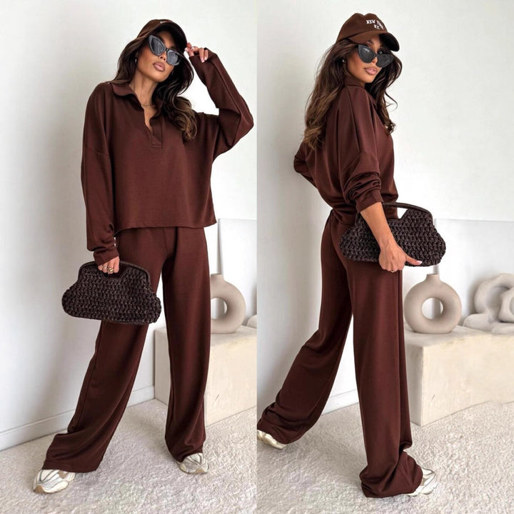 Damen Loungewear-Zweiteiler mit Hemdkragen-Cropped-Sweatshirt und weiter Palazzo-Hose Drune