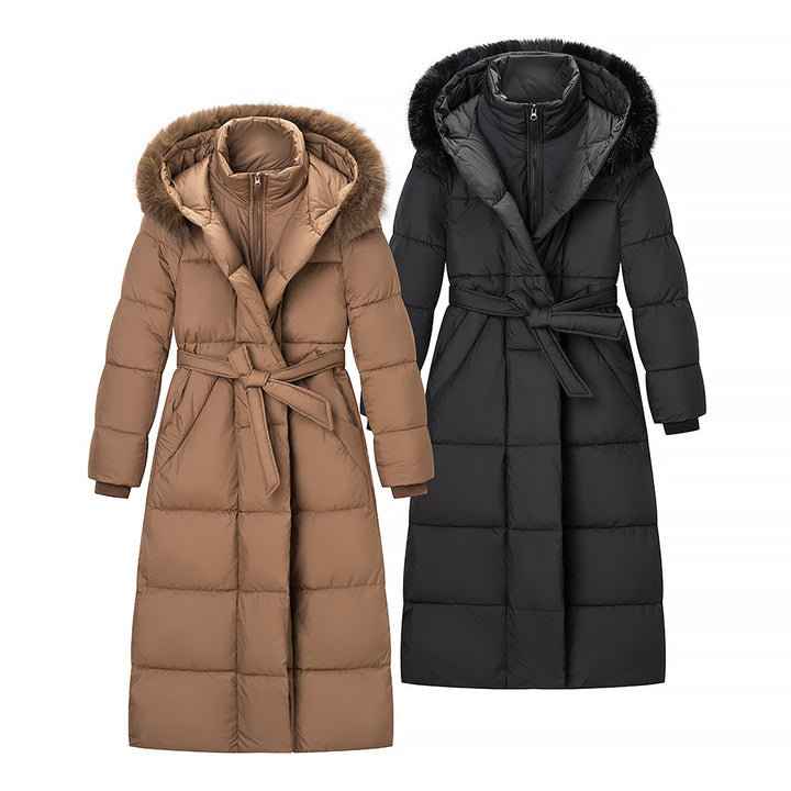 Damen Wattierter Longline-Mantel mit Kapuze und Taillengürtel Drune