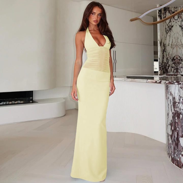 Damen Elegantes langes Kleid mit hochwertiger Drapierung und raffiniertem Halterneck Drune