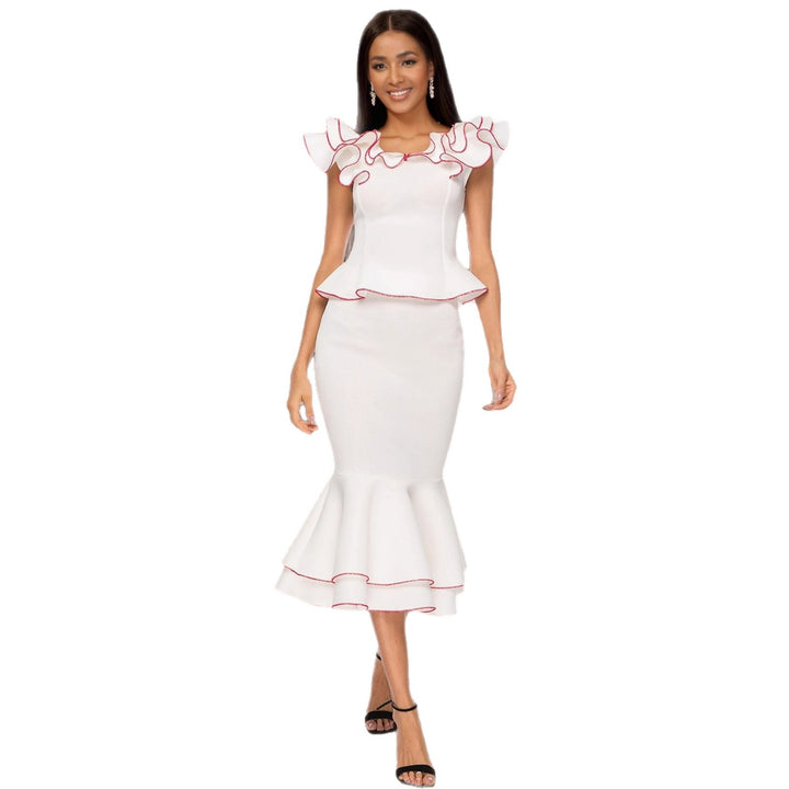 Damen figurbetontes Kleid mit voluminösem Rüschensaum und farbigem Akzent Drune