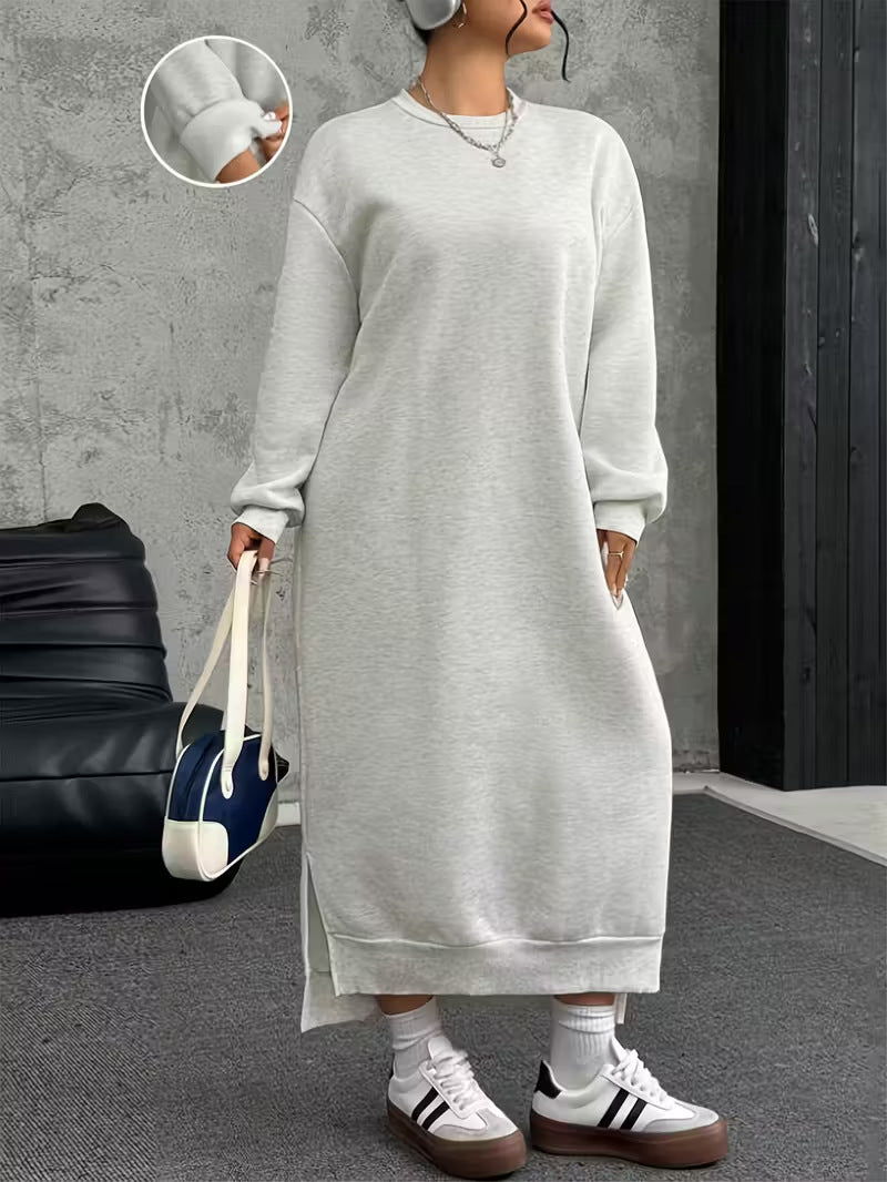 Damen Oversize-Sweatkleid Midilänge mit Seitenschlitzen und Rippbündchen Drune