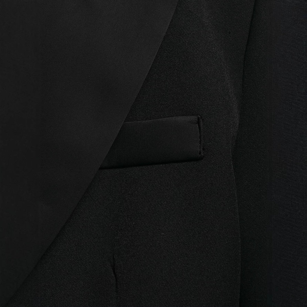 Damen Cropped Smokingsakko im Tuxedo‑Stil mit spitzem Satinrevers Drune