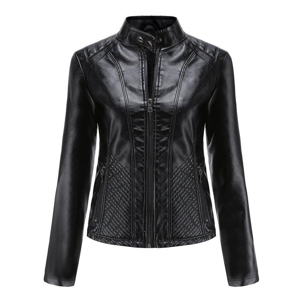 Damen nan taillierte Kunstlederjacke im Bikerstil mit Stehkragen und gesteppter Seitenpartie Drune