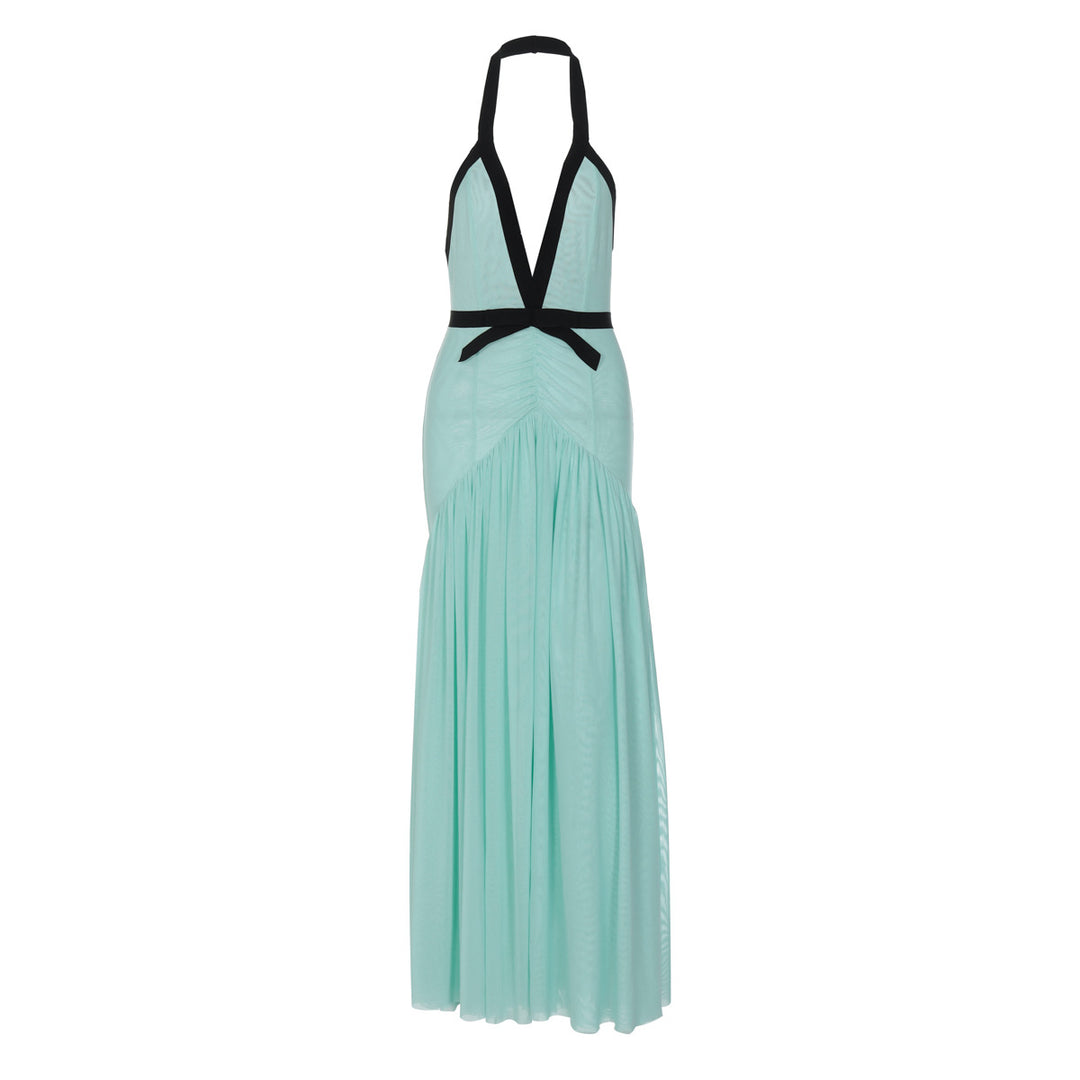 Damen Maxikleid mit tiefem V-Ausschnitt und innovativer Raffung Drune