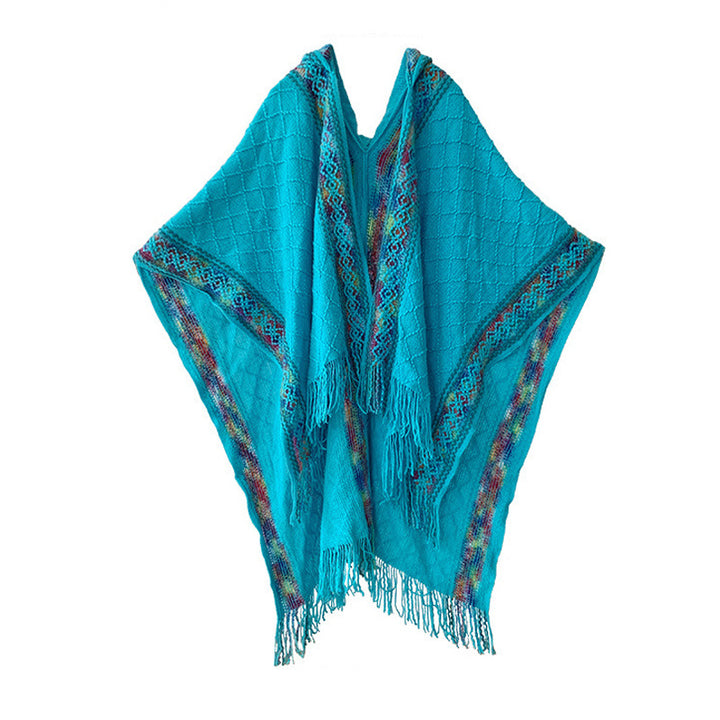 Damen Kapuzenponcho mit Fransen und gewebten Bordüren-Details Drune