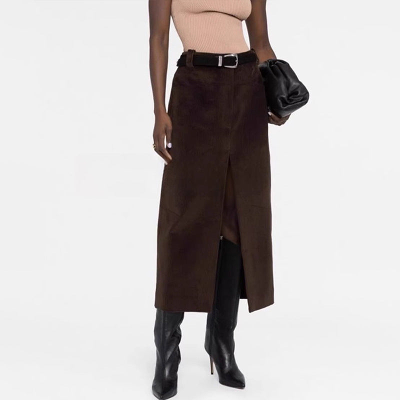 Damen Langer Cordrock mit Hohem Schlitz Drune