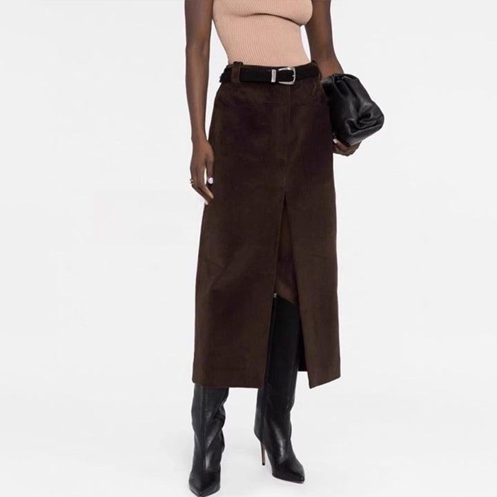 Damen Langer Cordrock mit Hohem Schlitz Drune