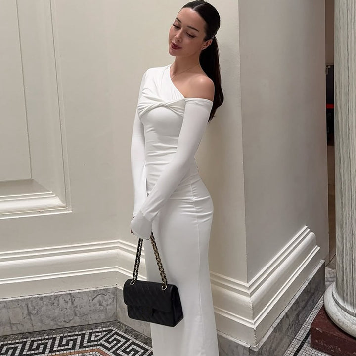 Damen Elegantes langärmliges Kleid mit asymmetrischem Ausschnitt Drune