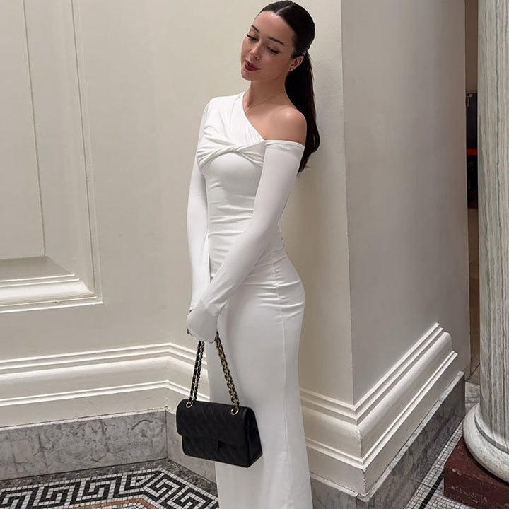 Damen Elegantes langärmliges Kleid mit asymmetrischem Ausschnitt Drune