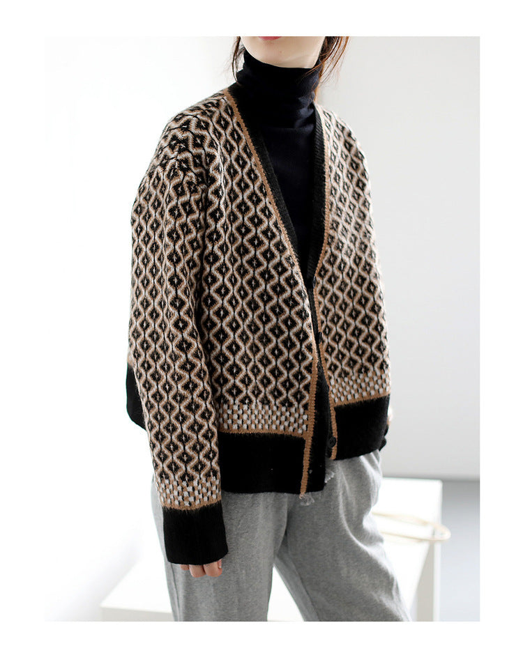 Damen Strickjacke mit geometrischem Design und Knopfverschluss Drune