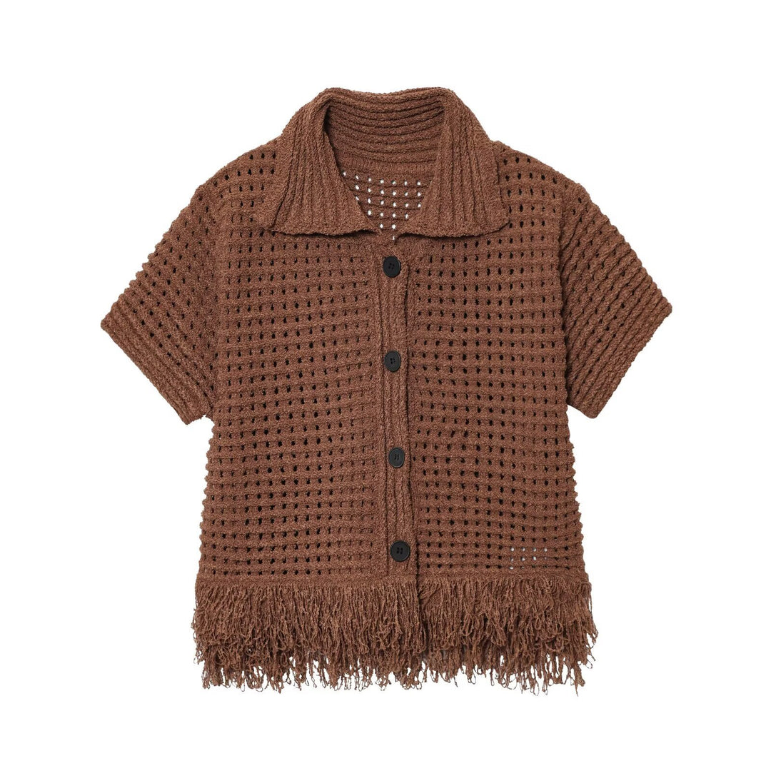 Damen Kurzarm-Strickjacke mit fransigem Saum und dekorativen Knöpfen Drune