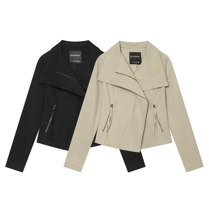 Damen Asymmetrische Bikerjacke mit Wasserfallkragen und diagonalem Reißverschluss Drune