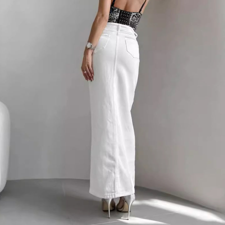 Damen langer Denimrock mit Knopfdetails und eleganter Teilung Drune