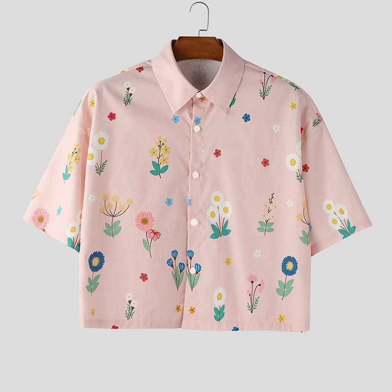 Damen nan kastig geschnittene Kurzarm-Hemdbluse mit floralem Allover-Print, Hemdkragen und kurzem Saum Drune