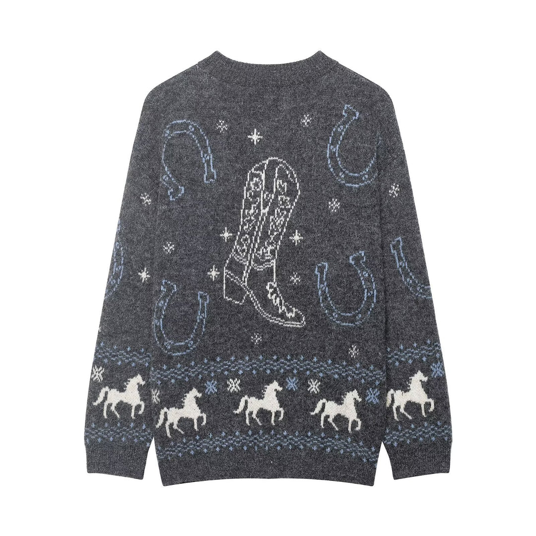 Damen Strickcardigan mit Pferde- und Hufeisen-Jacquard und Zierknöpfen Drune