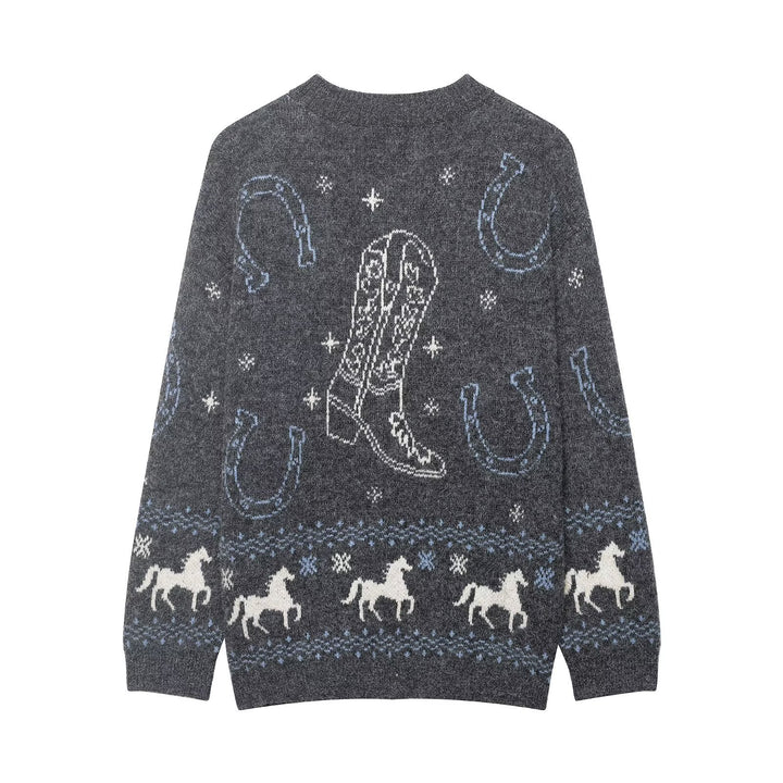 Damen Strickcardigan mit Pferde- und Hufeisen-Jacquard und Zierknöpfen Drune