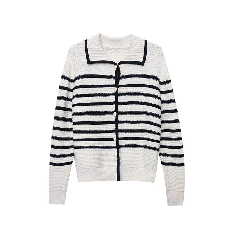 Damen gestreifte Strickjacke mit Druckknopfverschluss und lässiger Passform Drune