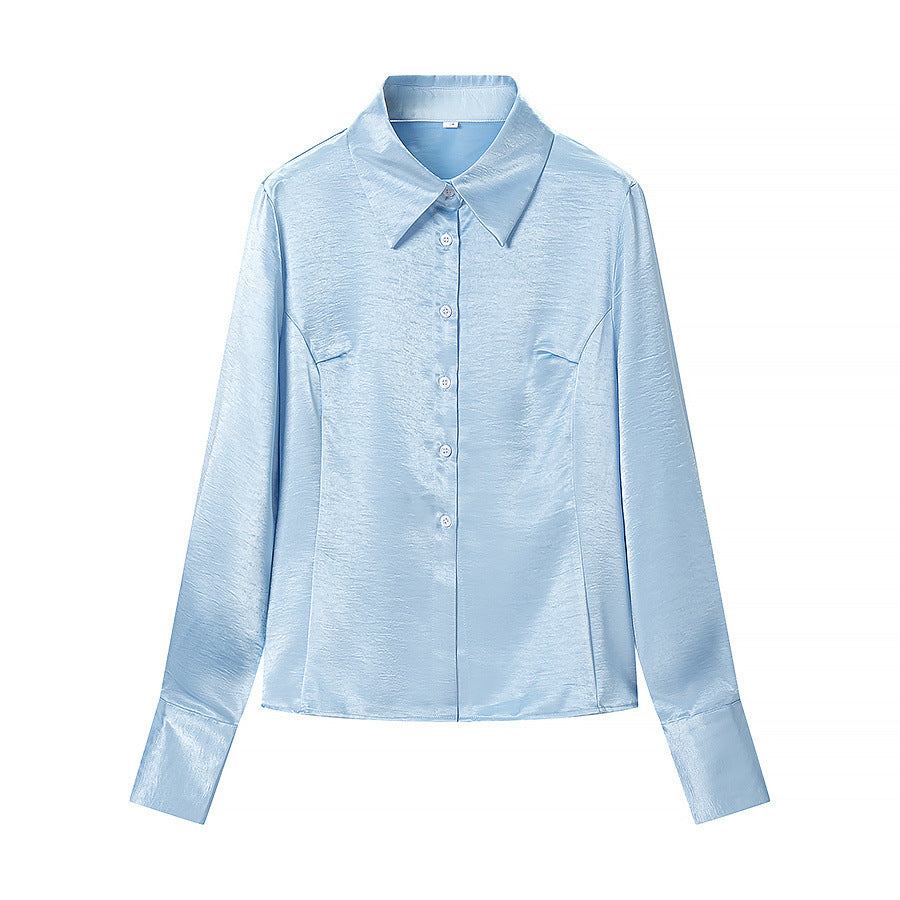 Damen Satinbluse mit taillierten Teilungsnähten, durchgehender Knopfleiste und breiten Manschetten Drune