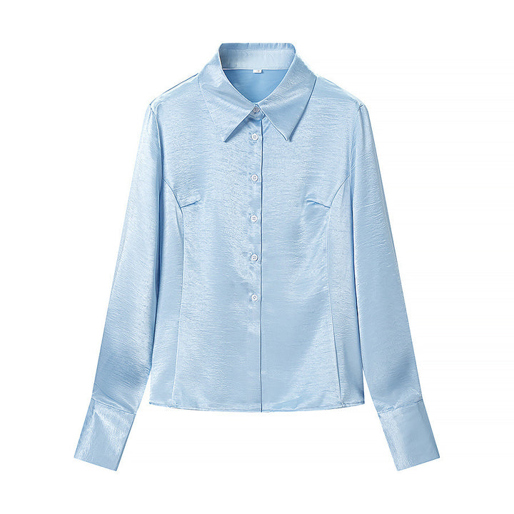 Damen Satinbluse mit taillierten Teilungsnähten, durchgehender Knopfleiste und breiten Manschetten Drune