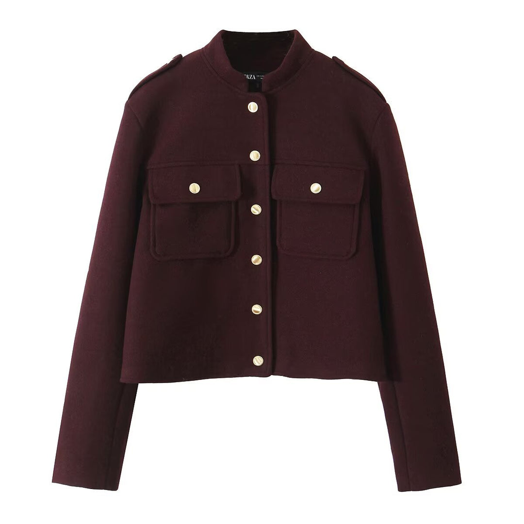 Damen nan kurz geschnittene militärische Wolljacke mit Stehkragen, Brustklappen und goldfarbenen Zierknöpfen Drune