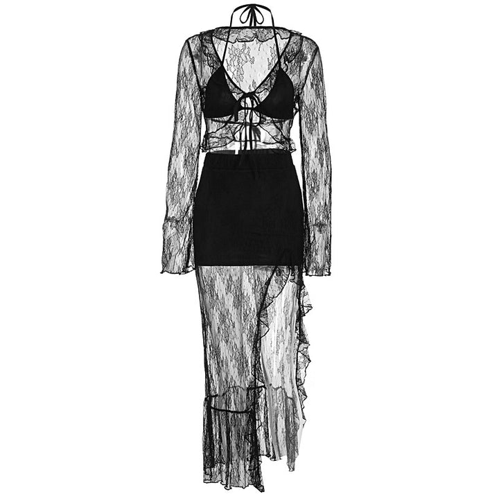 Damen Transparente Bluse mit Rüschenärmel und frechem Bindeband Drune