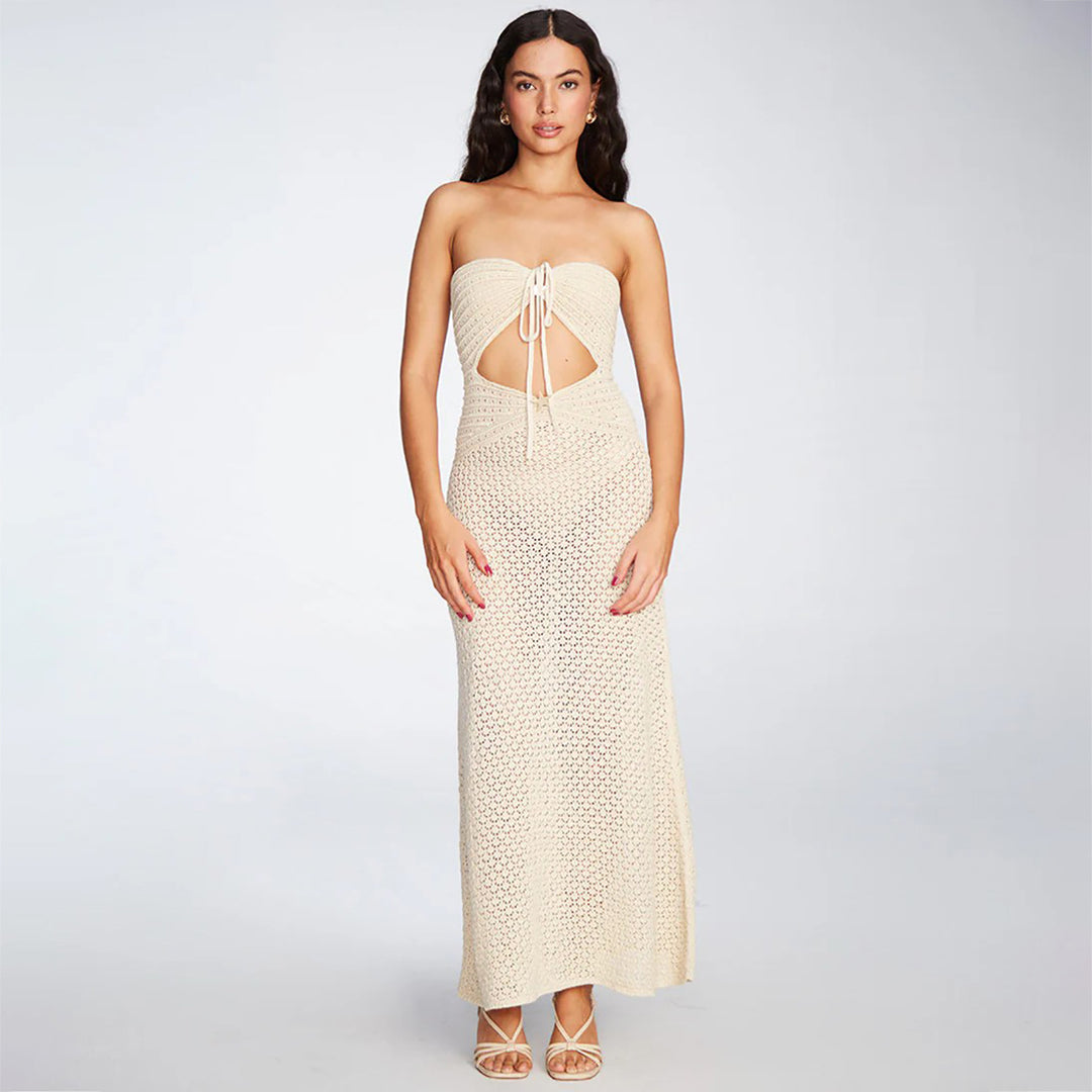 Damen gehäkeltes Maxikleid mit tiefem V-Ausschnitt und seitlichem Cut-Out Drune