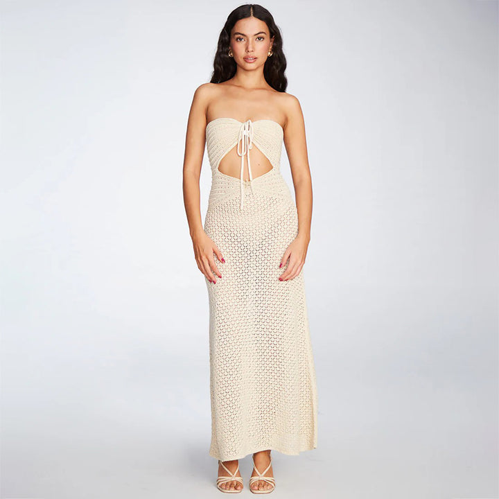 Damen gehäkeltes Maxikleid mit tiefem V-Ausschnitt und seitlichem Cut-Out Drune
