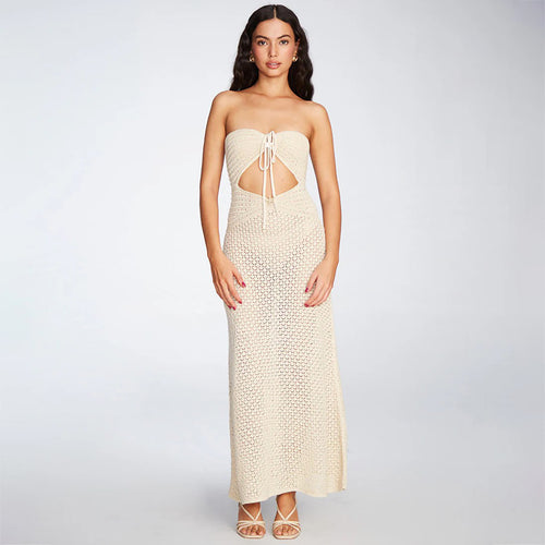 Damen gehäkeltes Maxikleid mit tiefem V-Ausschnitt und seitlichem Cut-Out Drune