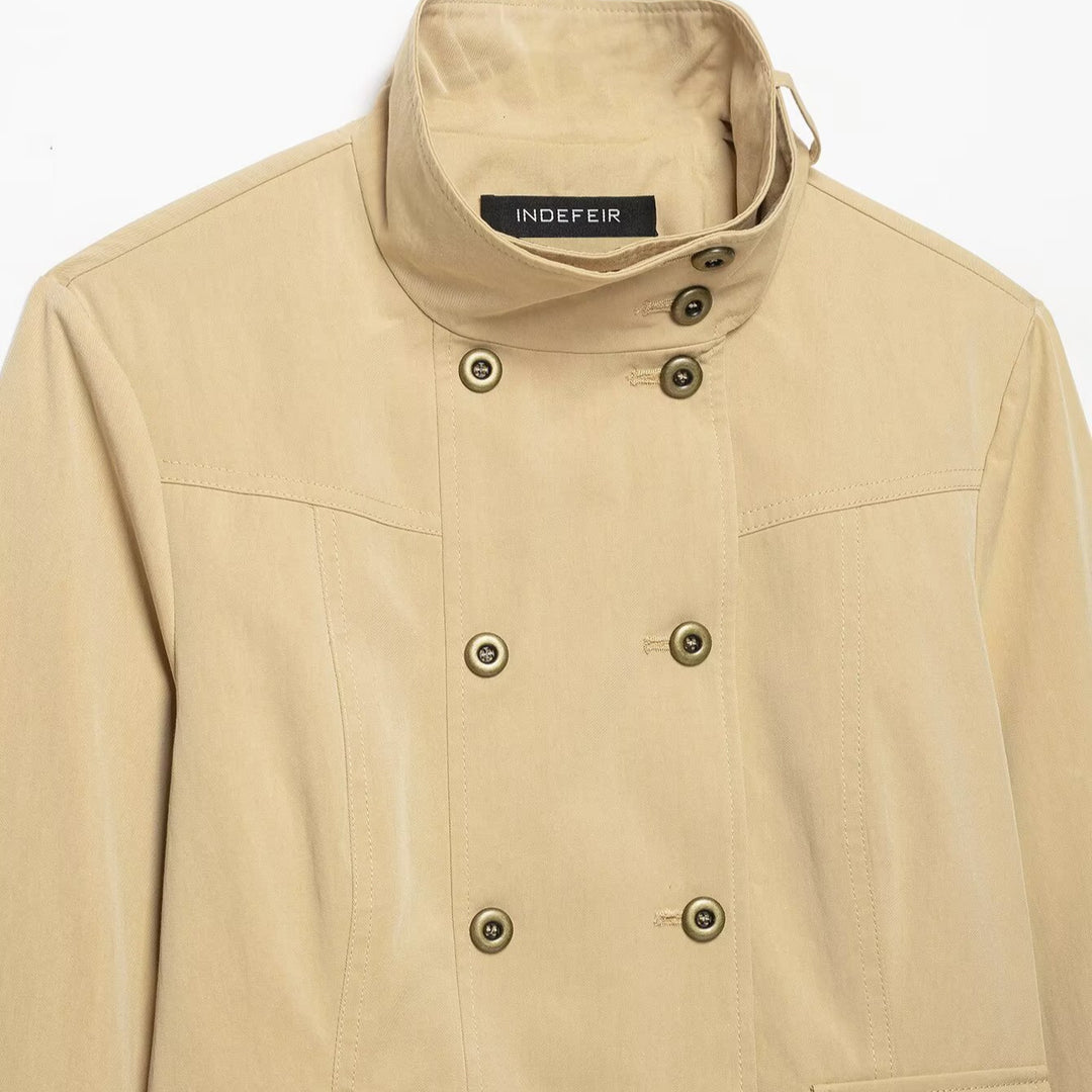 Damen Kurzgeschnittene Doppelreihige Utility-Jacke mit Stehkragen und Pattentaschen Drune