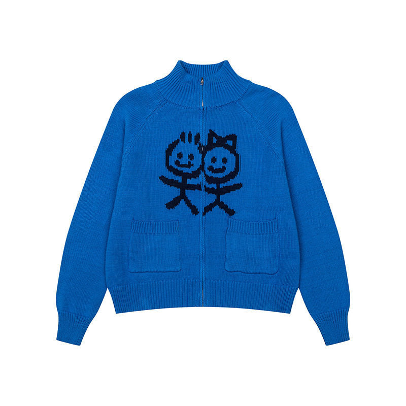 Damen Grobstrick-Zipcardigan mit Stehkragen, aufgesetzten Taschen und Cartoon-Intarsie Drune