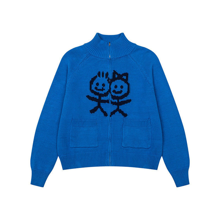 Damen Grobstrick-Zipcardigan mit Stehkragen, aufgesetzten Taschen und Cartoon-Intarsie Drune