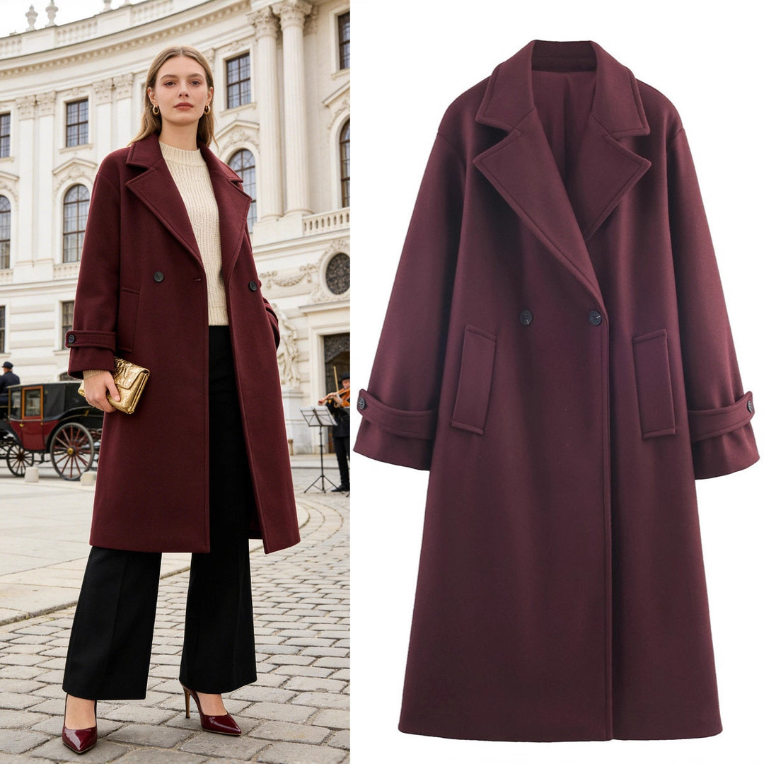 Damen Oversize Wollmix-Mantel mit Doppelreiher, breitem Revers und Ärmelriegel Drune