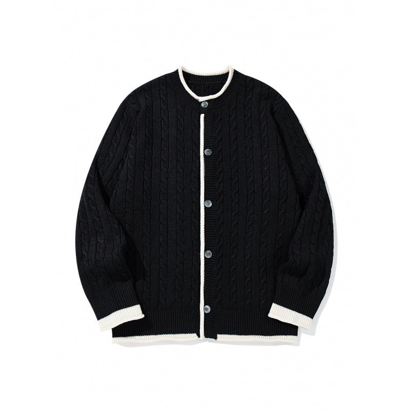Unisex Feinstrick-Cardigan mit Zopfmuster, Rundhalsausschnitt und Kontrastblende Drune
