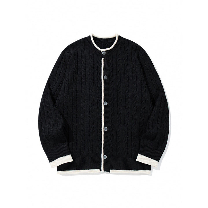 Unisex Feinstrick-Cardigan mit Zopfmuster, Rundhalsausschnitt und Kontrastblende Drune