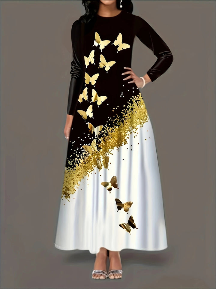 Damen Maxikleid mit elegantem Schmetterlingsmuster und funkelndem Goldakzent Drune