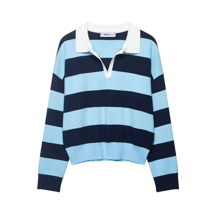 Damen nan gestreifter Rugby-Strickpullover mit Polokragen und weiter Oversize-Passform Drune